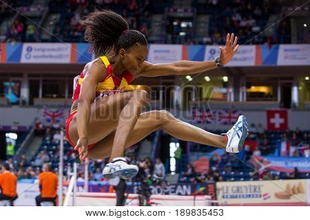BELGRADE SERBIA - MARCH 3-5 2017: WOMAN TRIPLE JUMP PELETEIRO ANA EUROPEAN ATHLETICS INDOOR CHAMPIONSHIPS IN BELGRADE SERBIA