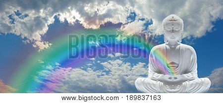 Mindfulness Rainbow Buddha - beautiful fluffy clouds and blue sky with a White Buddha in Lotus position on right hand side sending a rainbow out from cupped hands
