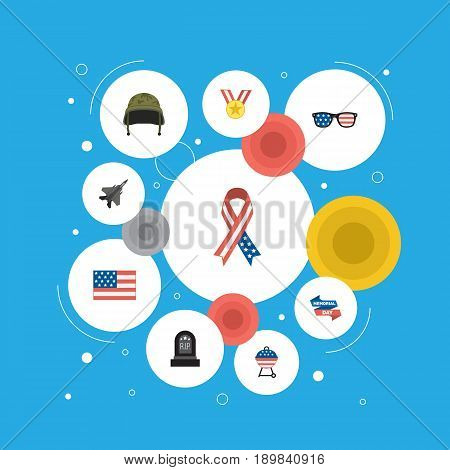 Flat Ribbon, Soldier Helmet, Medallion And Other Vector Elements. Set Of Memorial Flat Symbols Also Includes Memorial, Rip, Usa Objects.