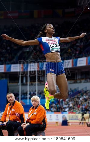 BELGRADE SERBIA - MARCH 3-5 2017: WOMAN LONG JUMP PENTATHLON UGEN LORRAINE EUROPEAN ATHLETICS INDOOR CHAMPIONSHIPS IN BELGRADE SERBIA