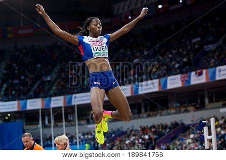 BELGRADE SERBIA - MARCH 3-5 2017: WOMAN LONG JUMP PENTATHLON UGEN LORRAINE EUROPEAN ATHLETICS INDOOR CHAMPIONSHIPS IN BELGRADE SERBIA