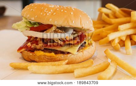 hamburger and french fried on table in foodshop