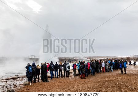 Erupting Of The Great Geysir Lies In Haukadalur Valley