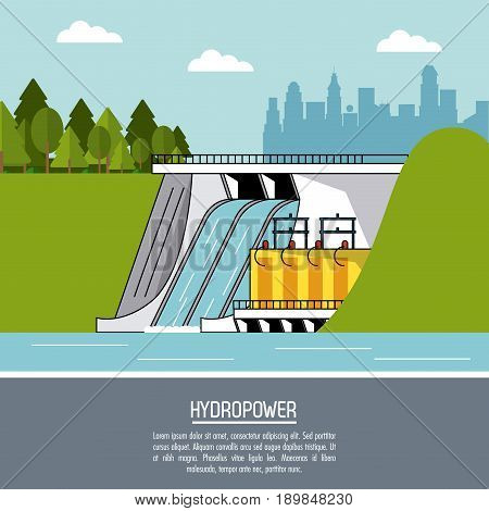 color landscape background hydropower plant renewable energy vector illustration