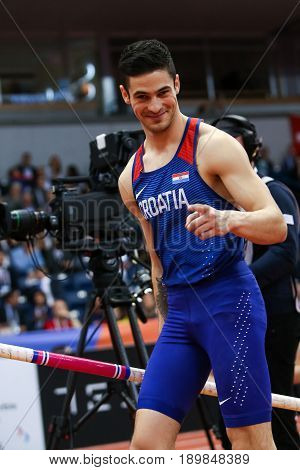 BELGRADE SERBIA - MARCH 3-5 2017: POLE VAULT IVAN HORVAT EUROPEAN ATHLETICS INDOOR CHAMPIONSHIPS IN BELGRADE SERBIA