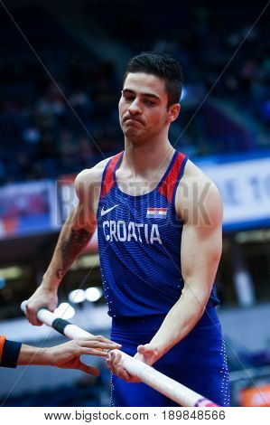 BELGRADE SERBIA - MARCH 3-5 2017: POLE VAULT IVAN HORVAT EUROPEAN ATHLETICS INDOOR CHAMPIONSHIPS IN BELGRADE SERBIA
