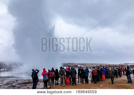 Erupting Of The Great Geysir Lies In Haukadalur Valley