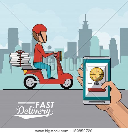 poster city landscape with fast pizza delivery man in red scooter and closeup smartphone app vector illustration