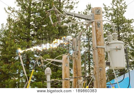 Mead, WA - June 3, 2017: Fire station 92 Wellness day demonstrations, Avista engineers showing dangers of high voltage electricity arcing