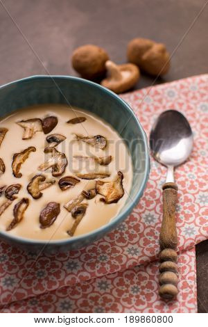 Cream Mushroom Soup in Bowl on Stone Background. Homemade Mushrooms Pottage Puree.
