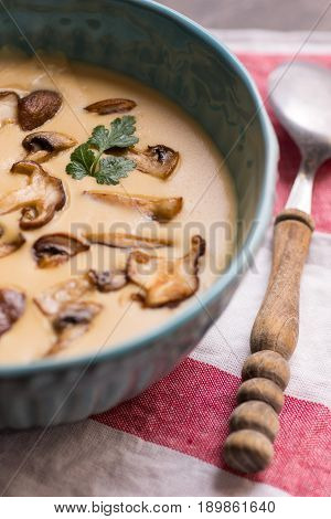 Cream Mushroom Soup in Bowl on Stone Background. Homemade Mushrooms Pottage Puree.
