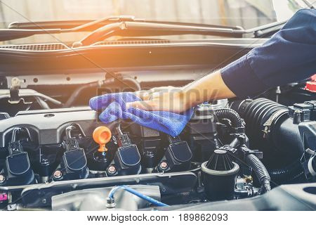 Car detailing series Cleaning car engine mechanic
