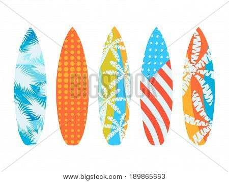 Surfboards On A White Background. Types Of Surfboards With A Pattern. Vector Illustration