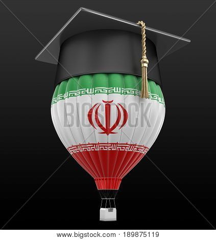 3D Illustration. Hot Air Balloon with Iranian Flag and Graduation cap. Image with clipping path