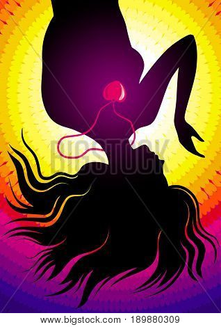 Silhouette of lying girl whith heart shaped pendand