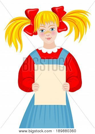 Cute little girl whith blond hair holding sheet of paper