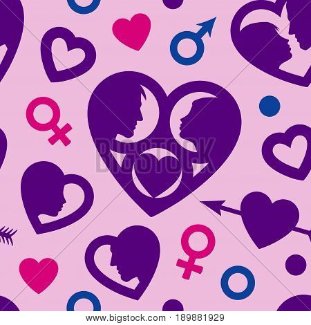 Pink, violet and purple seamless pattern with male and female silhouettes, hearts, symbols of Mars and Venus. Can be used for greeting's cards, wrapping paper for Valentine's day and wedding gifts