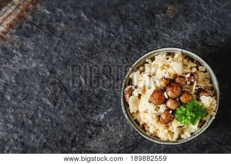 Mushroom Risotto With Parmesan Cheese. Italian Food. Simple Back