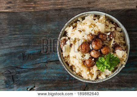 Mushroom Risotto With Parmesan Cheese. Italian Food. Simple Back