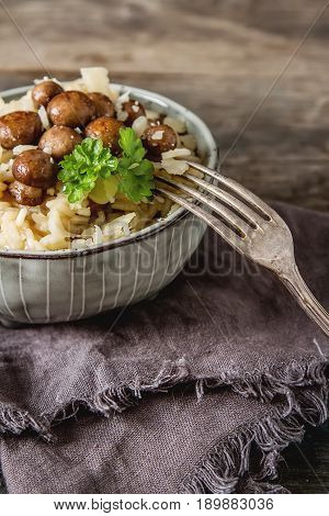 Mushroom Risotto With Parmesan Cheese. Italian Food. Simple Back