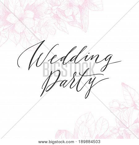 Vector floral backdrop. Blooming garden trees. Botanical Illustration engraving style. Light pink tone. For lovers card, invitation, wedding, brides