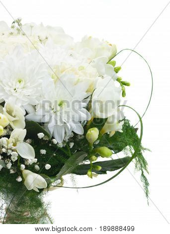 White wedding bouquet close up with roses isoltaed on white background