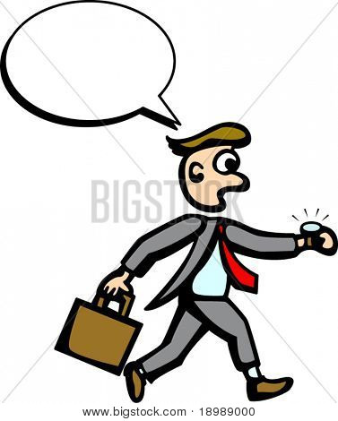 uomo in fretta con globo bianco parla