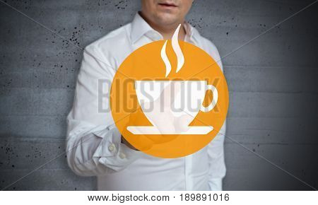 Cafe touchscreen is operated by man picture