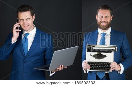 business man talking on mobile phone with laptop computer. Bearded man smiling with vintage typewriter. model in blue business suit. Old or new. Technology or archaism
