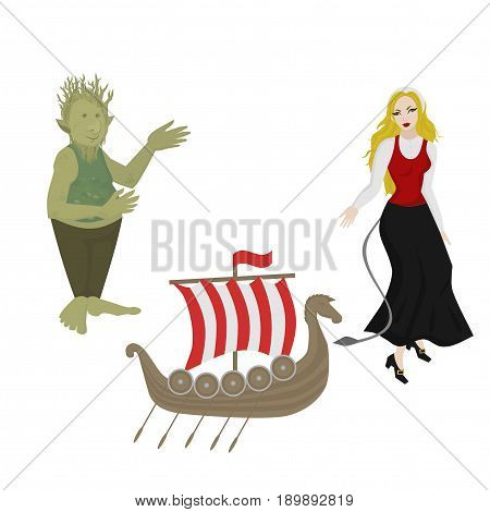 City sights icons. Norway landmark. Flat travel norwegian mythical elements. Viking ship. Girl in Traditional Clothes. Fairytale character troll.