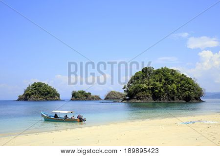 Beach with Small Isles and a Dive Boat. Coiba National Park Panama