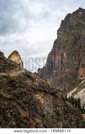 Ollantaytambo Fortress ruins and town are an important and popular tourist attraction in the Sacred Valley on the Inca trail pre-Columbian Inca site in Cusco region Peru