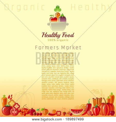 Red autumn farmers market fruit and vegetable vector. Food icons, text lettering cooking pan logo, oragnic diet icon. Fruits - tangerine, watermelon, cherry, pomegranate. Vegetables - carrot, tomato