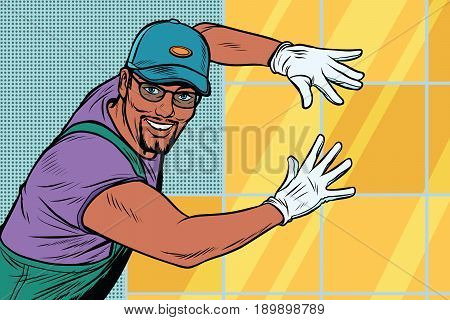 worker Builder puts tile. Construction and decoration. African American people. Pop art retro vector illustration