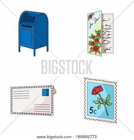 Mailbox, congratulatory card, postage stamp, envelope.Mail and postman set collection icons in cartoon style vector symbol stock illustration .
