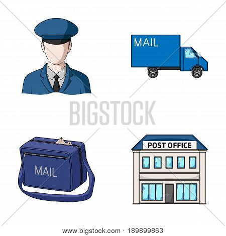 The postman in uniform, mail machine, bag for correspondence, postal office.Mail and postman set collection icons in cartoon style vector symbol stock illustration .