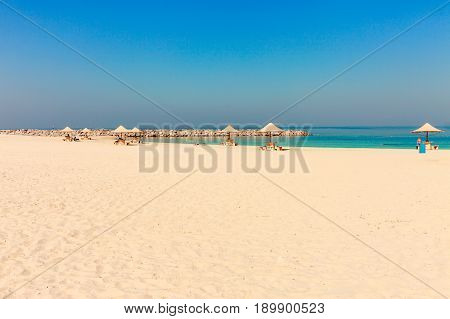 Panoramic View On Nice Al Mamzar Beach In Dubai, Uae. United Arab Emirates Famous Tourist Destinatio