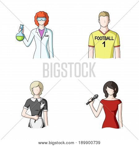 Woman chemist, football player, hotel maid, singer, presenter.Profession set collection icons in cartoon style vector symbol stock illustration .