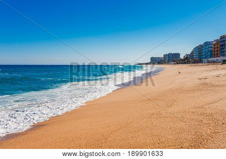 Sea Landscape In Blanes, Catalonia, Spain Near Of Barcelona. Scenic Town With Nice Sand Beach And Cl