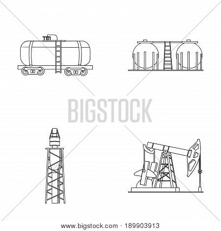 A railway tank, an oil storage, a drilling tower, an oil pump. Oil industry set collection icons in outline style vector symbol stock illustration .