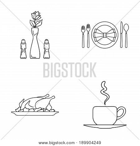 Vase with a flower, table setting, fried chicken with garnish, a cup of coffee.Restaurant set collection icons in outline style vector symbol stock illustration .