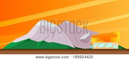 Building on a background of the nature of the mountains at sunset. Trees, lake near mountains. Camping landscape travel climbing or hiking mountains. Vector