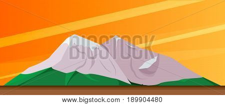 Nature Mountains at sunset. Trees, lake near mountains. Camping landscape travel climbing or hiking mountains. Vector