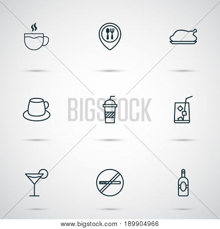 Cafe Icons Set. Collection Of Cocktail, Stop Smoke, Hooch And Other Elements. Also Includes Symbols Such As No, Bar, Beverage.