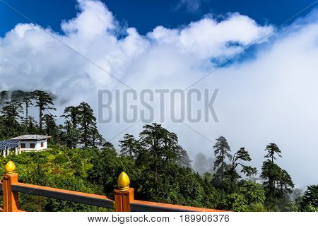 Scenery from the Druk Wangyal Khangzang Stupa with 108 chortens Dochula Pass Bhutan. Dochula pass is located on the way to Punakha from Thimphu.