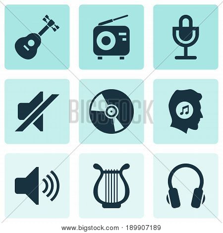 Multimedia Icons Set. Collection Of Lyre, Meloman, Mike And Other Elements. Also Includes Symbols Such As Mic, Turntable, Earmuff.