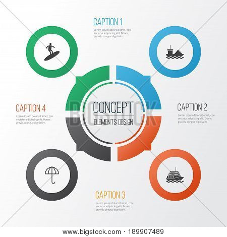 Travel Icons Set. Collection Of Cargo Boat, Gingham, Boardsports And Other Elements. Also Includes Symbols Such As Surfboard, Tanker, Yacht.
