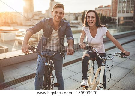 Romantic Couple With Bicycles In The City