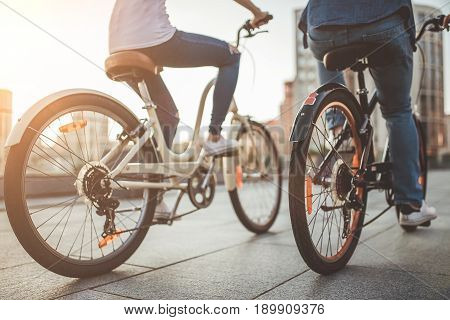 Romantic Couple With Bicycles In The City