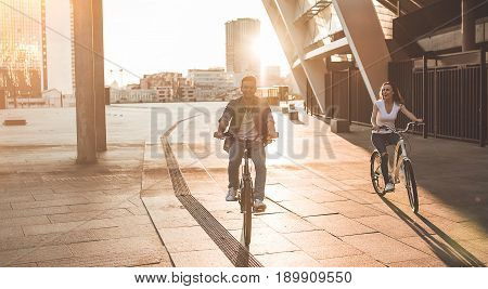 Romantic Couple With Bicycles In The City